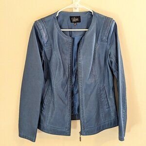 Luii Fully Lined Vegan Leather Collarless Rugged Distressed Blue Moto Jacket